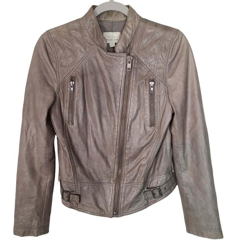 Hinge Seattle Womens S Gray Long Sleeves Ruffle Detail Leather Moto Jacket